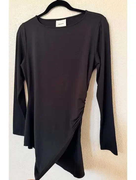 New Reformation Margot Asymmetric Peplum Knit Top In Black Size L - Picture 3 of 8
